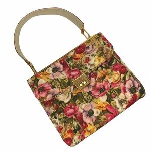 VINTAGE Floral Blooms Satchel Purse Gold Hardware Trim